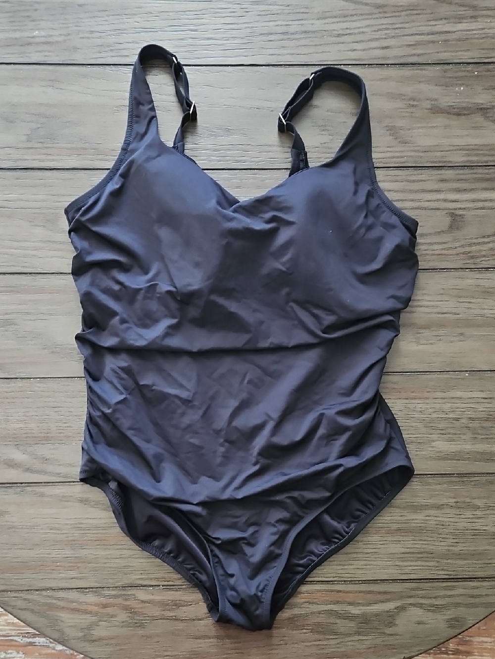 Lands' End Dark Black One-Piece Swimsuit with Adjustable Straps